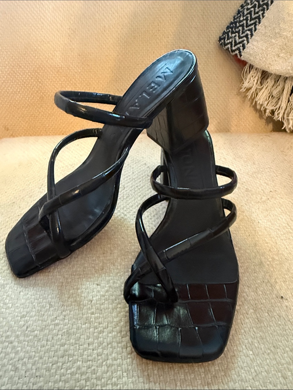 ANTONIO MELANI Black Faux-Croc Strappy Block Heel Sandals